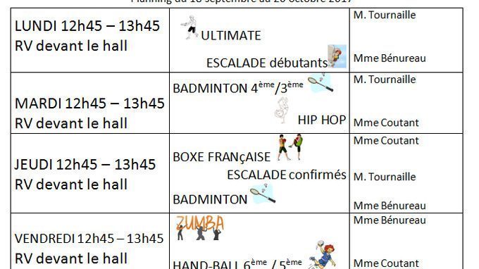 Planning des activités de l’AS 1ère période 2017-2018