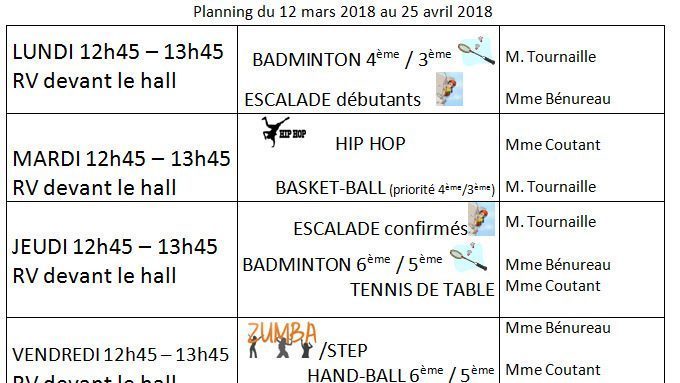 4ème emploi du temps des activités sportives de l’AS