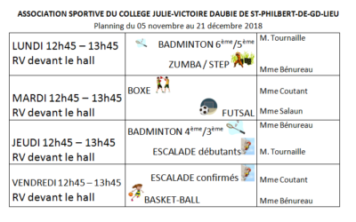 2ème planning activités Association Sportive