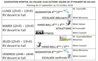 Planning des activités AS du 17/09 au 19/10